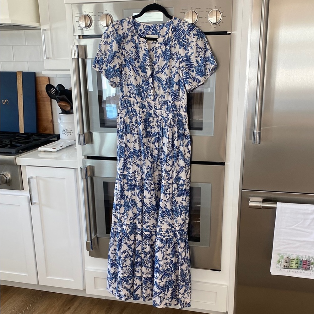 Anthropologie Blue and White Floral Maxi Dress